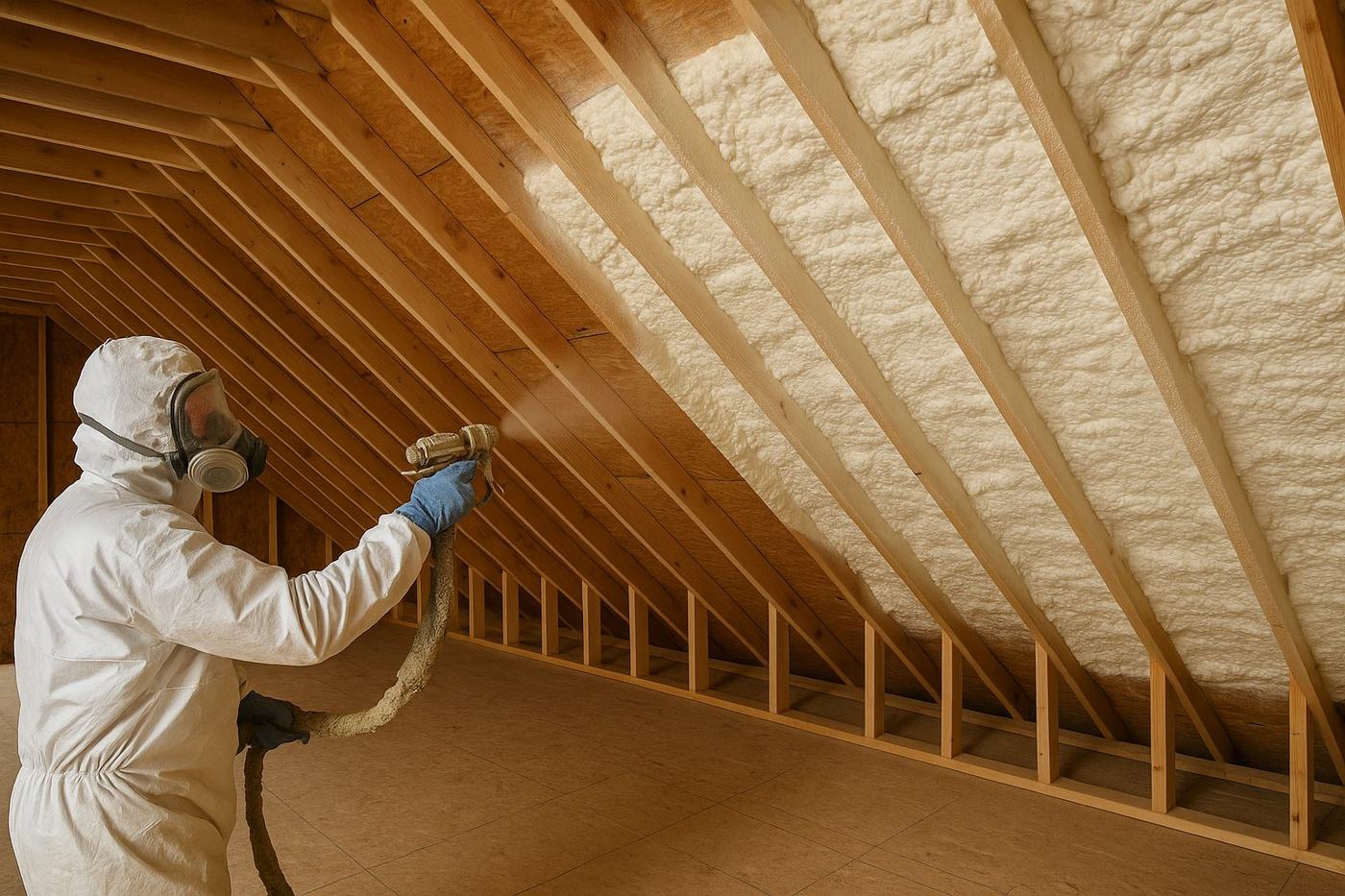 Installer spraying foam insulation in protective gear